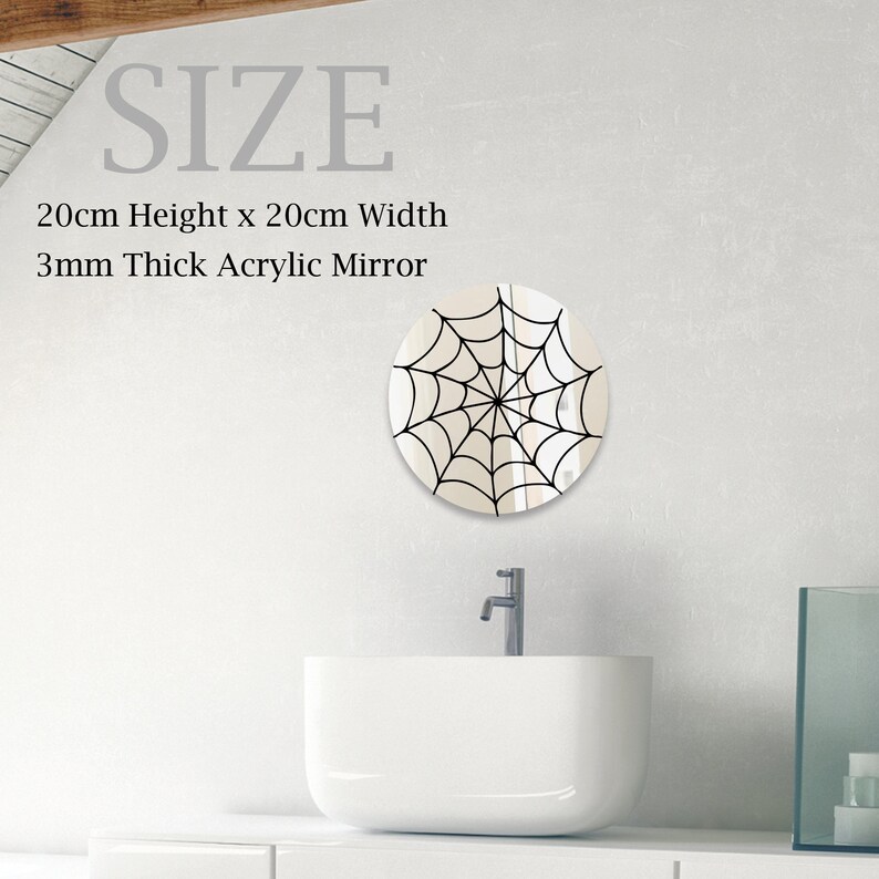 May include: A round, white acrylic mirror with a black spiderweb design. The mirror is 20 inches in diameter and 3/8 inch thick.  SIZE: 20cm Height x 20cm Width 3mm Thick Acrylic Mirror
