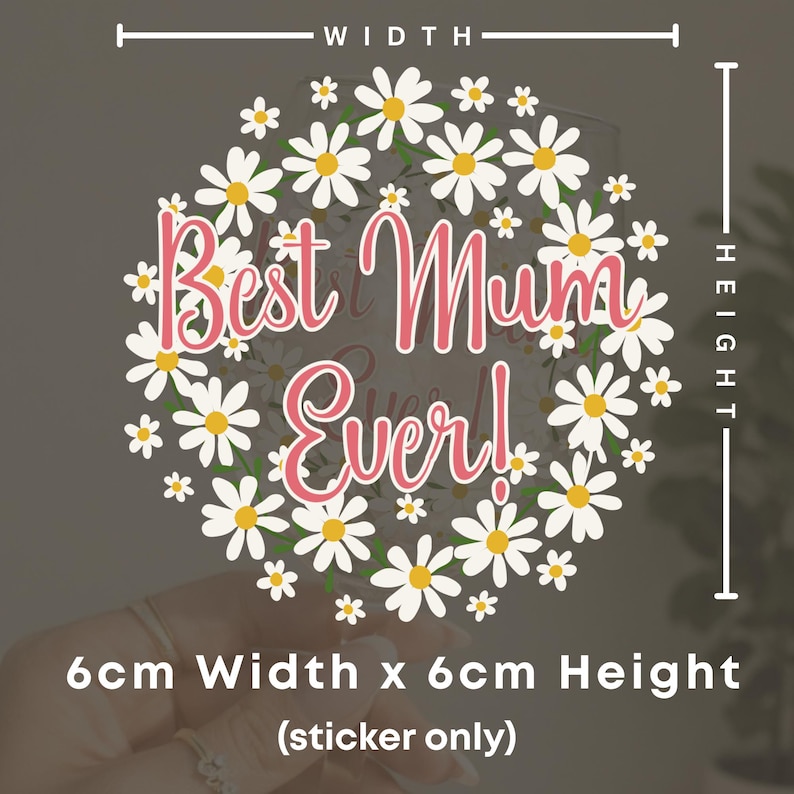 Puede incluir: Adhesivo redondo con el texto "Best Mum Ever!" en rosa, rodeado por un borde de flores de margarita. El adhesivo mide 6 cm de ancho y 6 cm de alto.