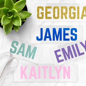 May include: Rectangular name decals in gold glitter, blue, teal glitter, purple glitter, and pink. The names "GEORGIA", "JAMES", "SAM", "EMILY", and "KAITLYN" are displayed. A small potted succulent is in the upper left corner.