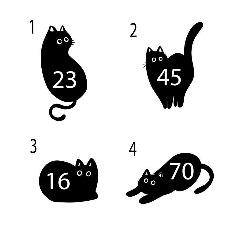 May include: Four black silhouettes of cats with numbers on them. The first cat is sitting up with the number 23 on its body. The second cat is standing with the number 45 on its body. The third cat is lying down with the number 16 on its body. The fourth cat is stretching with the number 70 on its body.