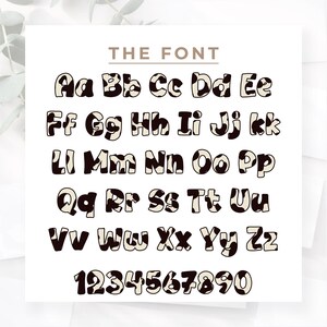 May include: A complete alphabet and number set in a playful font. Each letter and number features a black and white cow print design, set against a white background. The text "THE FONT" is displayed above the characters.