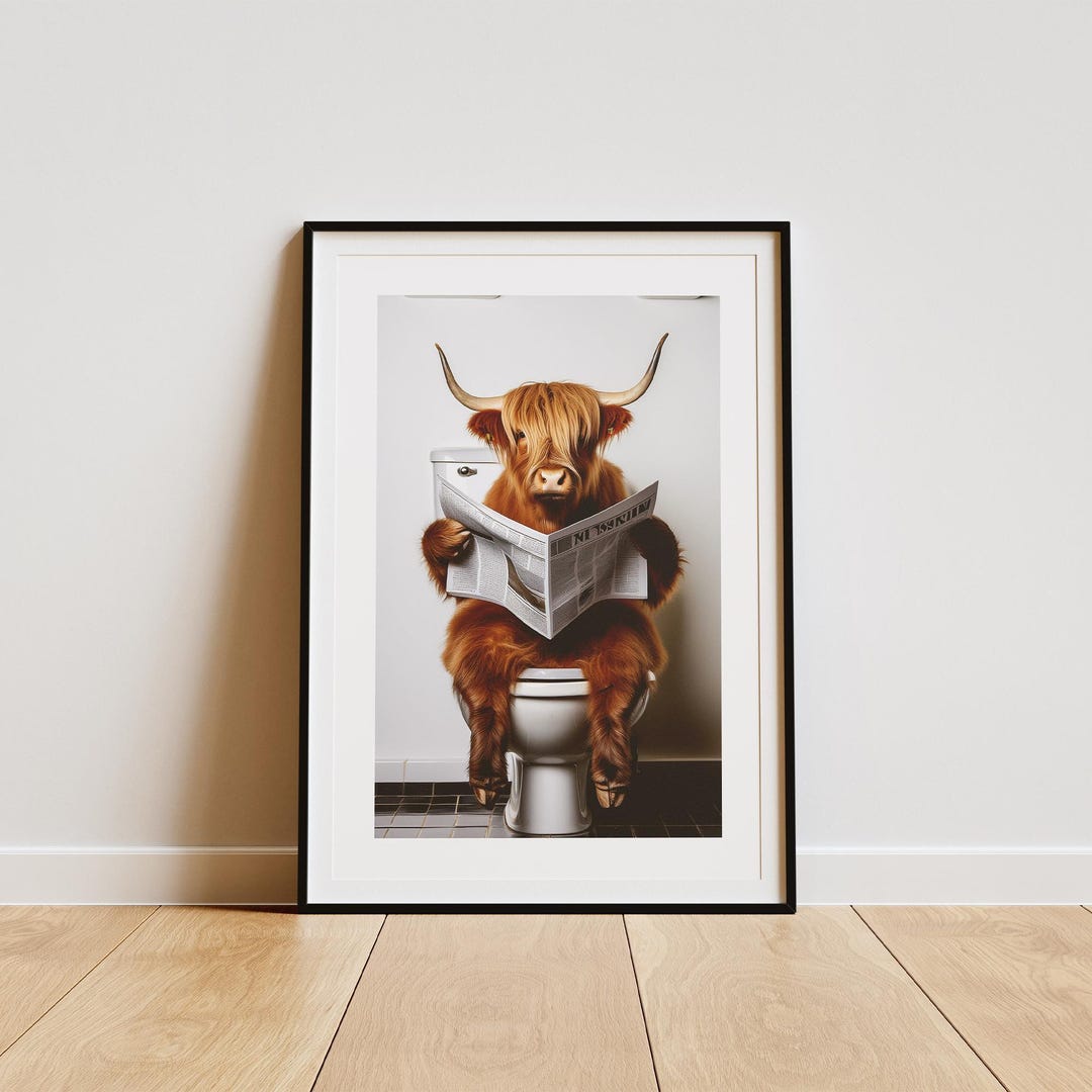 Highland Cow on Toilet Poster: Bathroom Prints, Unique Home Decor, Cool ...