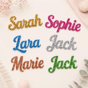 Puede incluir: Recortes de nombres brillantes en oro, rosa, azul, plata, cobre y verde. Los nombres incluyen Sarah, Sophie, Lara, Jack, Marie y Jack. Ideales para manualidades personalizadas, decoraciones de fiestas o regalos personalizados.