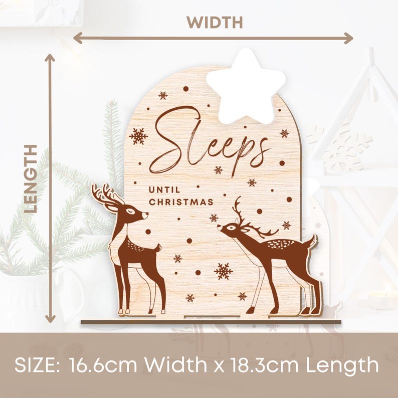 May include: Wooden Christmas countdown sign featuring two deer silhouettes and the text "Sleeps Until Christmas". The sign measures 16.6 cm wide and 18.3 cm long.