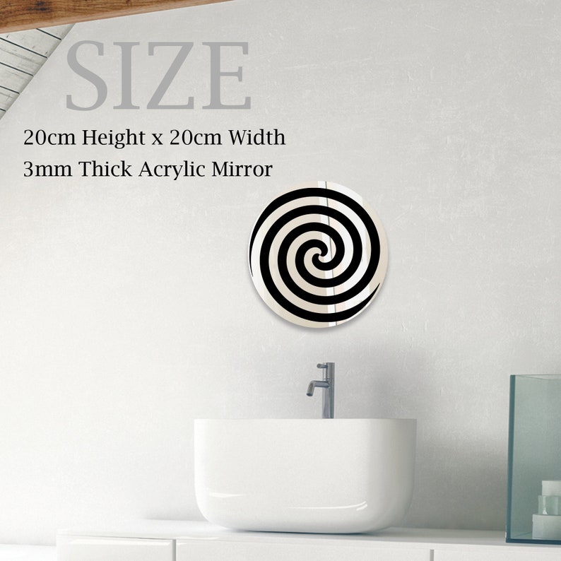 May include: A black and white spiral design acrylic mirror with a 20cm height and 20cm width. The mirror is 3mm thick.