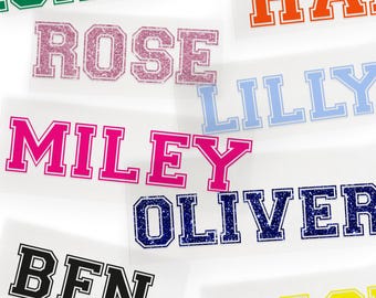 Personalised Iron-On Name | Heat Transfer Vinyl |  Glitter & Matte HTV | American College Font | DIY Custom Decal for DIY T-Shirts