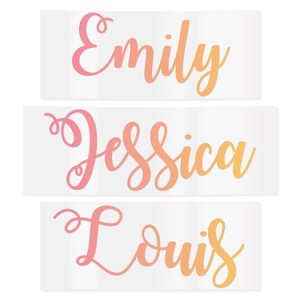 May include: Three rectangular stickers with names in a cursive font. The names are "Emily", "Jessica", and "Louis". The text is in a gradient of pink and orange. The stickers are on a white background.
