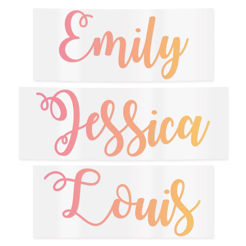 May include: Three rectangular stickers with names in a cursive font. The names are "Emily", "Jessica", and "Louis". The text is in a gradient of pink and orange. The stickers are on a white background.