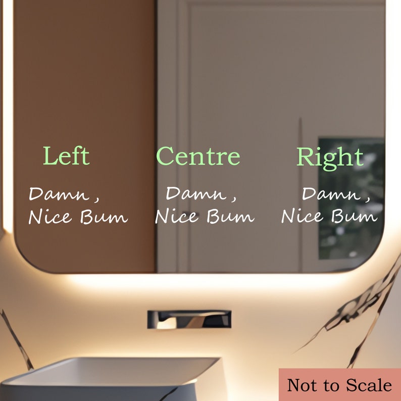 May include: A close-up of a bathroom vanity with a curved mirror and a white sink. The mirror has a light strip around the perimeter. The text "Damn, Nice Bum" is written on the mirror in three different positions: left, center, and right. The text "Not to Scale" is written below the sink.