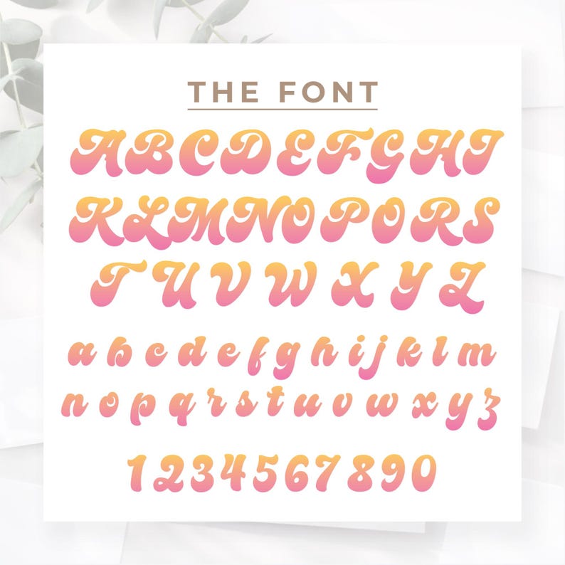 May include: A white background displays the text "THE FONT" above an alphabet and numbers. The letters and numbers are in a retro style, with a gradient of pink and yellow. The font includes uppercase and lowercase letters, and numbers 0-9.