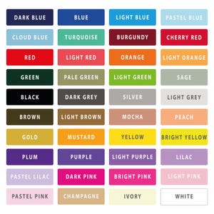 May include: A color chart featuring a variety of hues, each displayed on a rectangular block. Colors range from dark blue to white, including shades of red, green, yellow, and purple. Each block has the color name printed in white text.