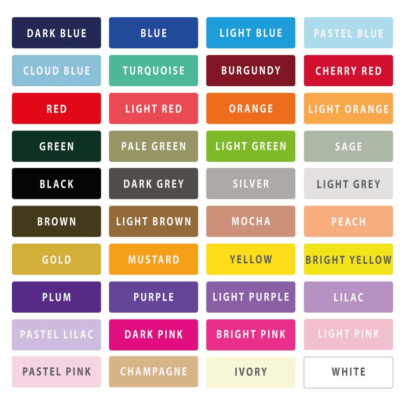May include: A color chart featuring a variety of hues, each displayed on a rectangular block. Colors range from dark blue to white, including shades of red, green, yellow, and purple. Each block has the color name printed in white text.