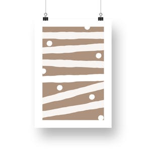 Op de afbeelding: Een digitale kunstprint met een abstract patroon in bruin en wit. Het patroon heeft horizontale en diagonale strepen met witte cirkels die eroverheen zijn verspreid.