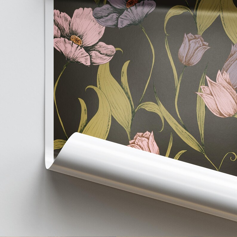 May include: A dark green background with a repeating pattern of pink and purple flowers with green leaves. The flowers are stylized and have a vintage look.