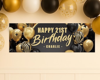 Personalised Black & Gold Birthday Banner: Custom Balloon Design Party Decoration  – Party Backdrop or Table Decor | 18th, 21st, 40th, 50th
