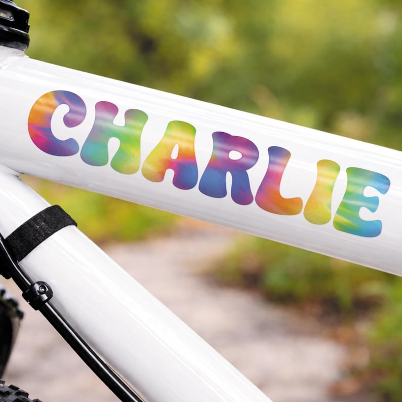 May include: A white bicycle frame with the name "CHARLIE" in large, colorful, tie-dye style letters. The letters are in shades of blue, purple, yellow, orange, and green. The background is blurred green.