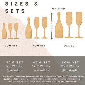 May include: Three sets of wooden champagne bottle and glass shapes in three sizes: 3 cm, 4 cm, and 5 cm. Each set includes one bottle and two glasses. The sets are made from 3 mm MDF.