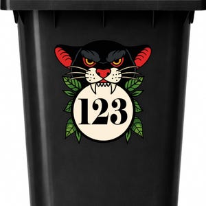 Traditional Tattoo Panther Bin Sticker | Personalised House Number Wheelie Bin Decal | Vintage Panther Head Outdoor Waterproof Bin Label image 6