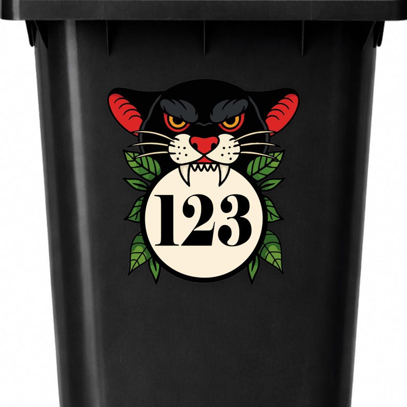Traditional Tattoo Panther Bin Sticker | Personalised House Number Wheelie Bin Decal | Vintage Panther Head Outdoor Waterproof Bin Label image 6