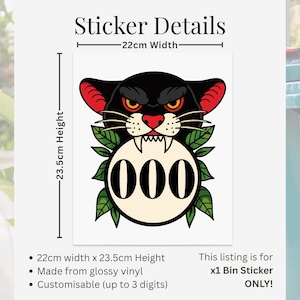 May include: Black panther sticker with red accents, green leaves, and the numbers "000" in a white circle. The sticker is 22cm wide and 23.5cm high, made of glossy vinyl.