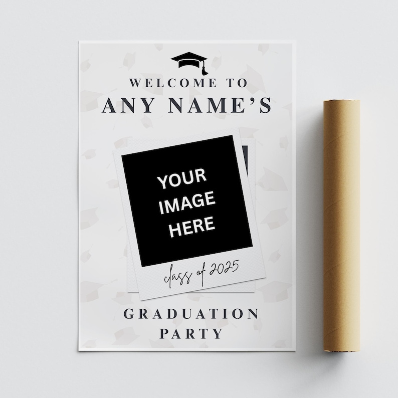 May include: A graduation party welcome sign with the text "WELCOME TO ANY NAME'S" and "YOUR IMAGE HERE" in a black frame. The sign also includes "class of 2025" and "GRADUATION PARTY". A rolled-up poster is on the right.