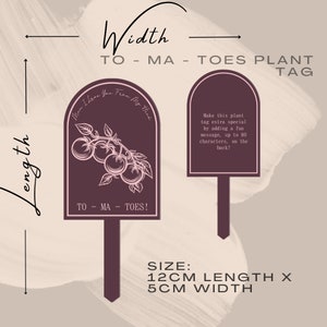 Może przedstawiać: Burgundowa etykieta na roślinę z r&oacute;żową ilustracją winorośli pomidorowej i tekstem "To Ma Toes!" i "Mom I Love You From My Heart". Etykieta ma 12 cm długości i 5 cm szerokości.  Dodaj do tej etykiety na roślinę zabawny komunikat, do 80 znak&oacute;w, na odwrocie, aby była jeszcze bardziej wyjątkowa!