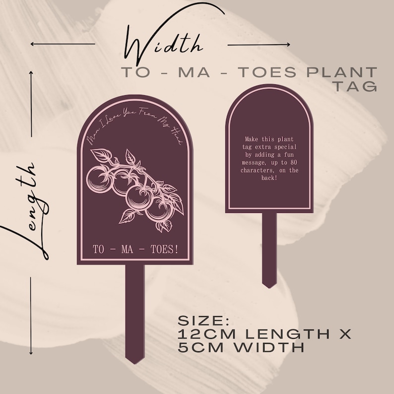 Może przedstawiać: Burgundowa etykieta na roślinę z r&oacute;żową ilustracją winorośli pomidorowej i tekstem "To Ma Toes!" i "Mom I Love You From My Heart". Etykieta ma 12 cm długości i 5 cm szerokości.  Dodaj do tej etykiety na roślinę zabawny komunikat, do 80 znak&oacute;w, na odwrocie, aby była jeszcze bardziej wyjątkowa!