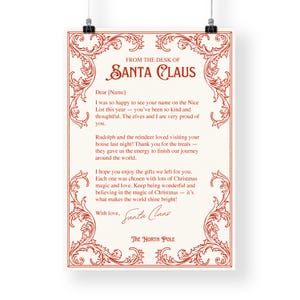 May include: A festive Christmas letter from Santa Claus, featuring ornate red scrollwork around the border. The letterhead reads "From the Desk of Santa Claus" and includes a personalized message and signature.