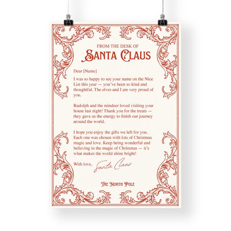 May include: A festive Christmas letter from Santa Claus, featuring ornate red scrollwork around the border. The letterhead reads "From the Desk of Santa Claus" and includes a personalized message and signature.