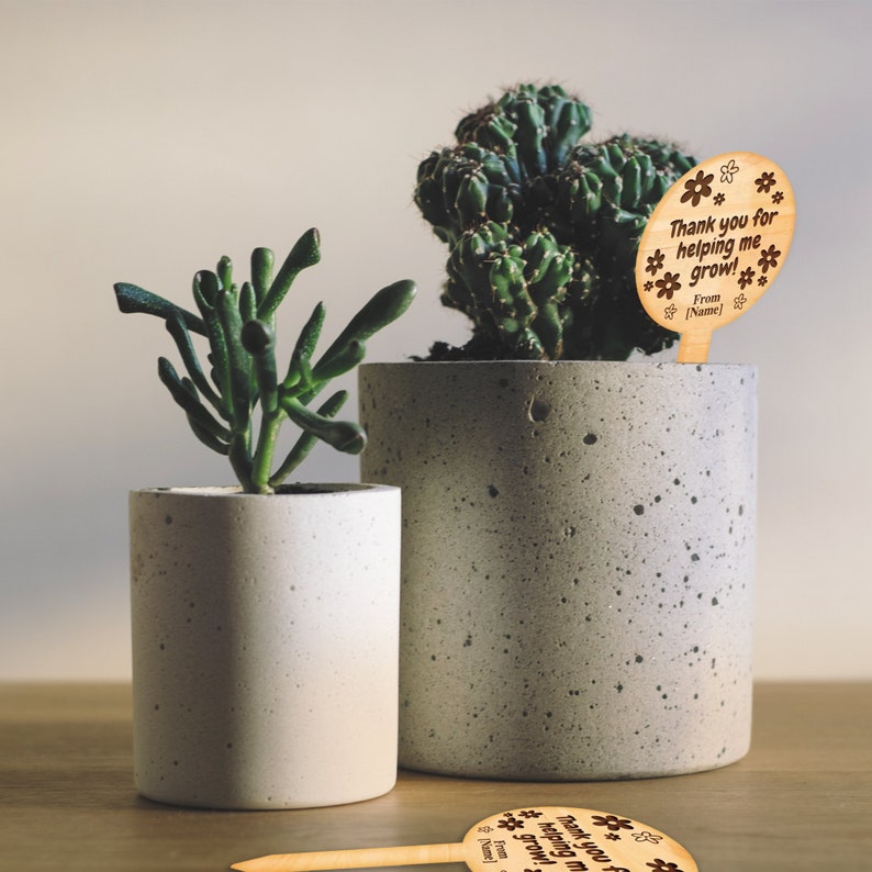 May include: Wooden plant marker with the text "Thank you for helping me grow! From [Name]" and a flower design. The marker is in a pot with a succulent plant.