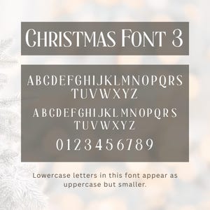 May include: A digital display of the "Christmas Font 3" typeface. The font includes uppercase letters, numbers, and the text "Lowercase letters in this font appear as uppercase but smaller."