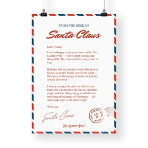 May include: A Christmas-themed poster featuring a letter from Santa Claus. The letterhead reads "From the Desk of Santa Claus" in red script. The letter has a red and blue border, and a North Pole postmark.