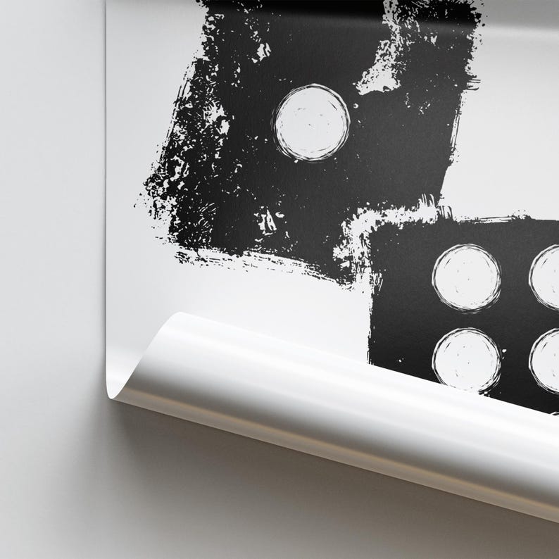 May include: Black and white abstract art print featuring two dice with a grunge texture. The dice are painted in a black and white colour scheme.