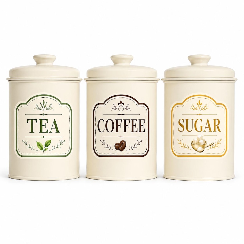 May include: A set of three cream-colored cylindrical canisters with matching lids. Each canister features a decorative label with text and illustrations: one labeled TEA with green leaves, one COFFEE with beans, and one SUGAR with sugar cubes.
