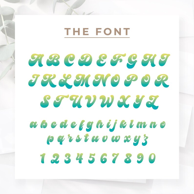May include: A complete alphabet and number set in a retro font style. The letters and numbers are in a gradient of yellow and teal, with a bold, rounded design. The text "THE FONT" is above the alphabet.