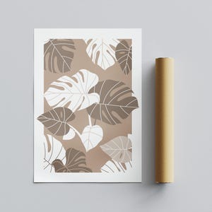 May include: A digital print featuring a pattern of brown and white monstera leaves on a beige background.