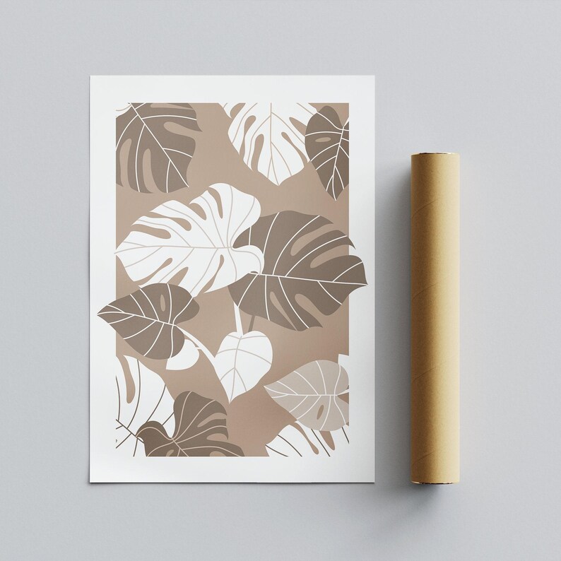 May include: A digital print featuring a pattern of brown and white monstera leaves on a beige background.