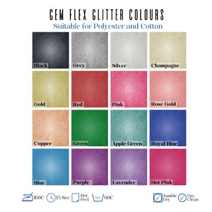 K&ouml;nnte beinhalten: Eine Tabelle mit 16 verschiedenen Glitzerfarben f&uuml;r die Verwendung auf Polyester- und Baumwollstoffen. Die Farben sind: Schwarz, Grau, Silber, Champagner, Gold, Rot, Rosa, Ros&eacute;gold, Kupfer, Gr&uuml;n, Apfelgr&uuml;n, K&ouml;nigsblau, Blau, Lila, Lavendel und Pink.