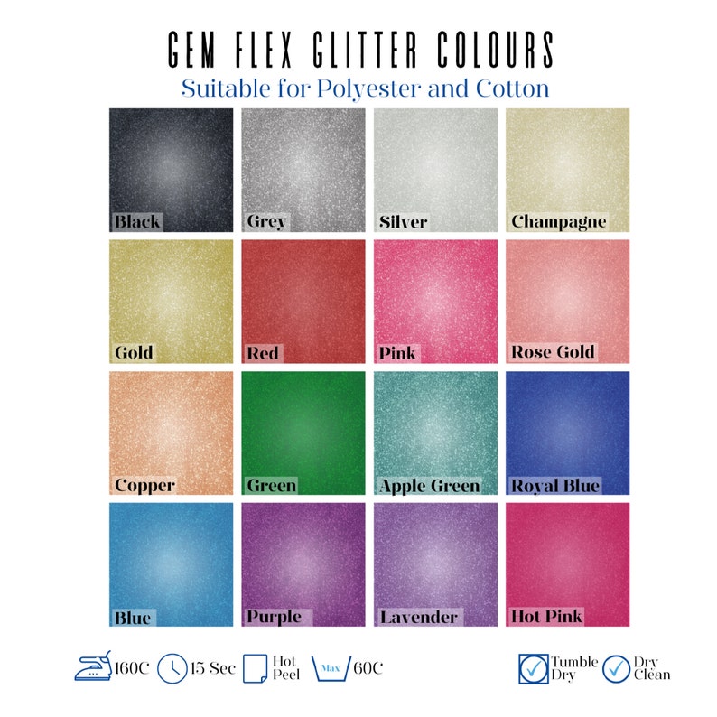 K&ouml;nnte beinhalten: Eine Tabelle mit 16 verschiedenen Glitzerfarben f&uuml;r die Verwendung auf Polyester- und Baumwollstoffen. Die Farben sind: Schwarz, Grau, Silber, Champagner, Gold, Rot, Rosa, Ros&eacute;gold, Kupfer, Gr&uuml;n, Apfelgr&uuml;n, K&ouml;nigsblau, Blau, Lila, Lavendel und Pink.