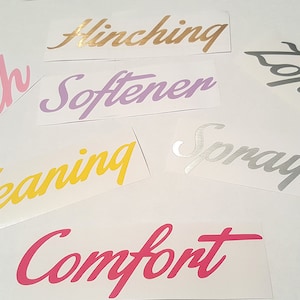 May include: Six vinyl stickers with different words and colors. The words are "Hlinch", "Softener", "Cleaning", "Comfort", "Spray", and "Loftona".