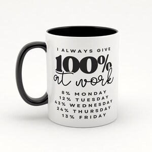 May include: White coffee mug with a black handle and black rim. The mug has black text that reads "I always give 100% at work" and a list of percentages for each day of the week: 8% Monday, 12% Tuesday, 43% Wednesday, 24% Thursday, 13% Friday.
