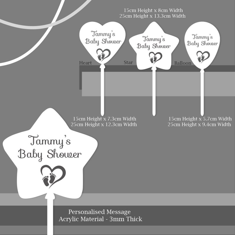 May include: Three white acrylic balloon shapes, a heart, a star, and a balloon, with the text "Tammy's Baby Shower" and a footprint design. The shapes are available in two sizes: 15 cm and 25 cm.