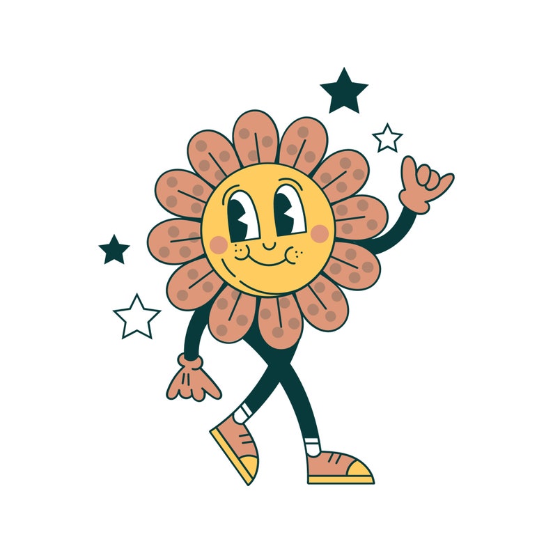 Puede incluir: Una flor de dibujos animados con una cara sonriente, que lleva zapatos y guantes, y que saluda con una mano. La flor es amarilla con p&eacute;talos rosas y est&aacute; rodeada de cinco estrellas negras.