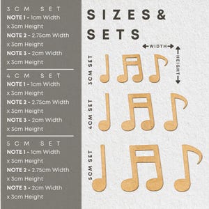 May include: Three sets of music note cutouts in various sizes. The sets include three notes each: a crotchet, a quaver, and a semiquaver. The sets are labelled 3 cm, 4 cm, and 5 cm, indicating the size of the notes.