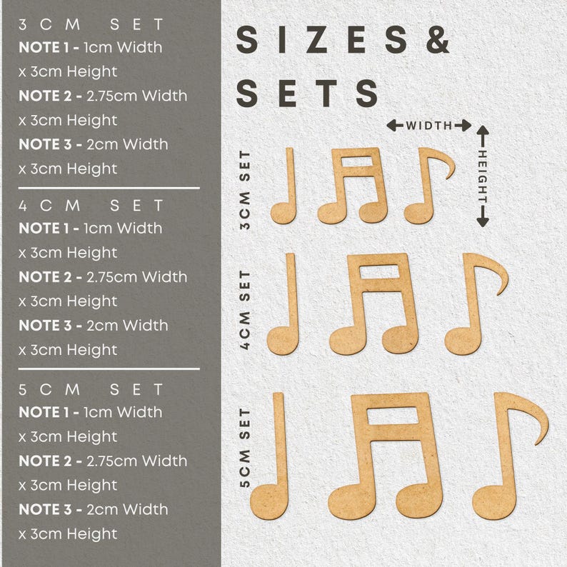 May include: Three sets of music note cutouts in various sizes. The sets include three notes each: a crotchet, a quaver, and a semiquaver. The sets are labelled 3 cm, 4 cm, and 5 cm, indicating the size of the notes.