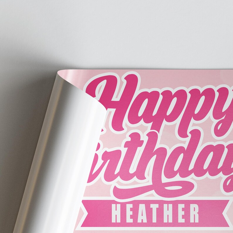 May include: A pink birthday poster with the words "Happy Birthday Heather" in a bold, cursive font. The poster has a light pink background and a banner with the name "Heather" in white.
