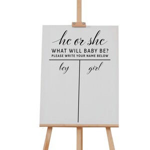 May include: A white sign with black text that reads "he or she WHAT WILL BABY BE? PLEASE WRITE YOUR NAME BELOW" with a line down the middle and the words "boy" and "girl" written on either side.