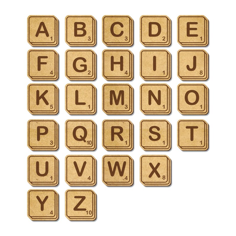 May include: A set of 26 wooden tiles with the letters of the alphabet and their corresponding point values. The tiles are brown and have a light brown border.