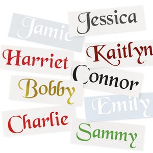 May include: A collection of name decals in various colors and fonts. Names include Jamie, Jessica, Harriet, Kaitlyn, Connor, Bobby, Charlie, Emily, and Sammy. The decals are on rectangular white backgrounds.