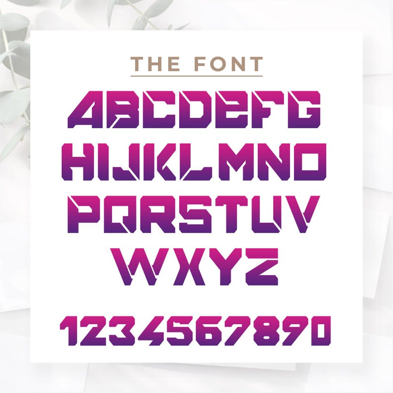 May include: A white background displays the text "THE FONT" above a full alphabet and numbers 1-0. The letters and numbers are in a bold, futuristic style, with a gradient of purple to pink.